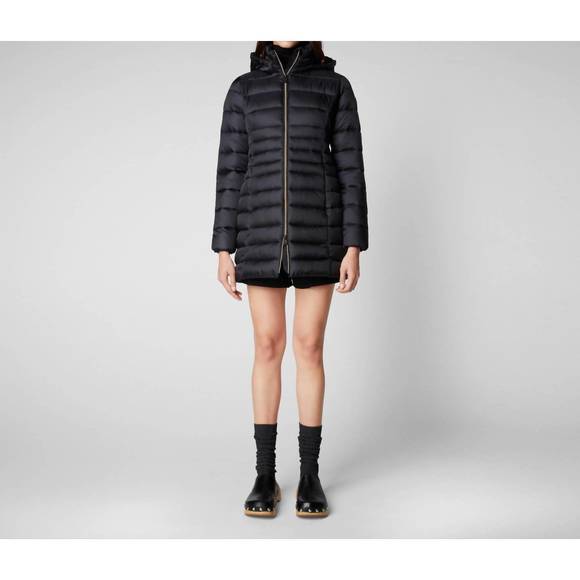 NEW SAVE THE DUCK reese 3/4 hooded puffer coat in black